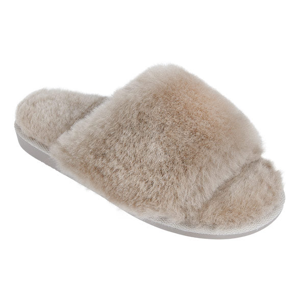 Open-toe fur slippers with heel - Beige
