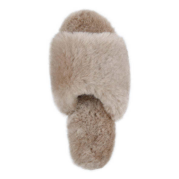 Open-toe fur slippers with heel - Beige