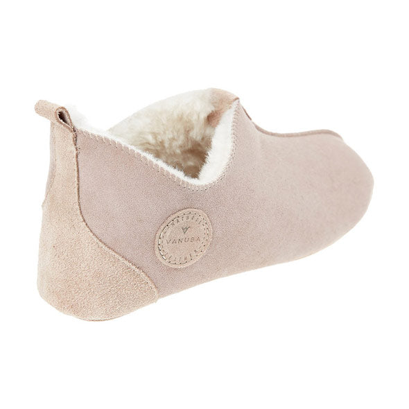 Zadaj zaprti krzneni copati z usnjenim podplatom v bež barvi