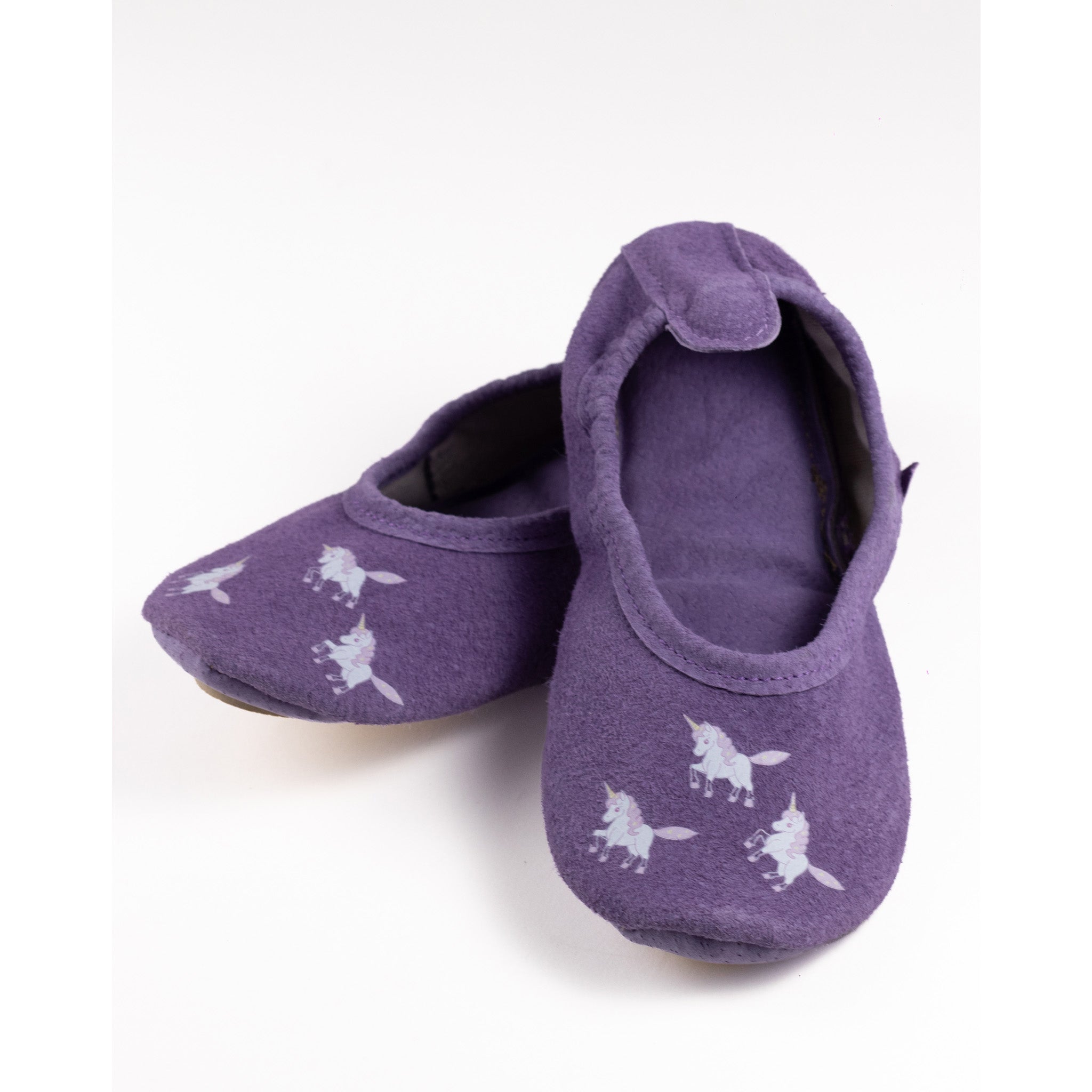 Barefoot leather school slippers – Cyclamen with unicorns